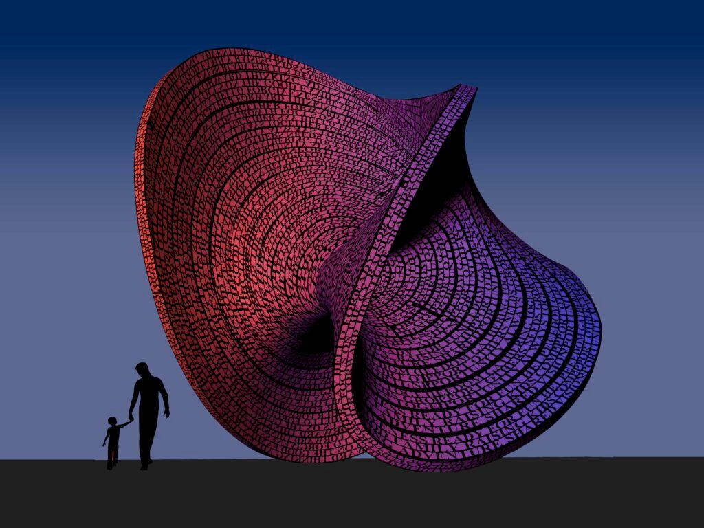 A digital artwork showcasing a large, abstract, twisted geometric sculpture with a mosaic pattern in red and purple hues against a gradient blue background. In the foreground, silhouettes of an adult and child holding hands walk past, reminiscent of a piece by Blessing Hancock.