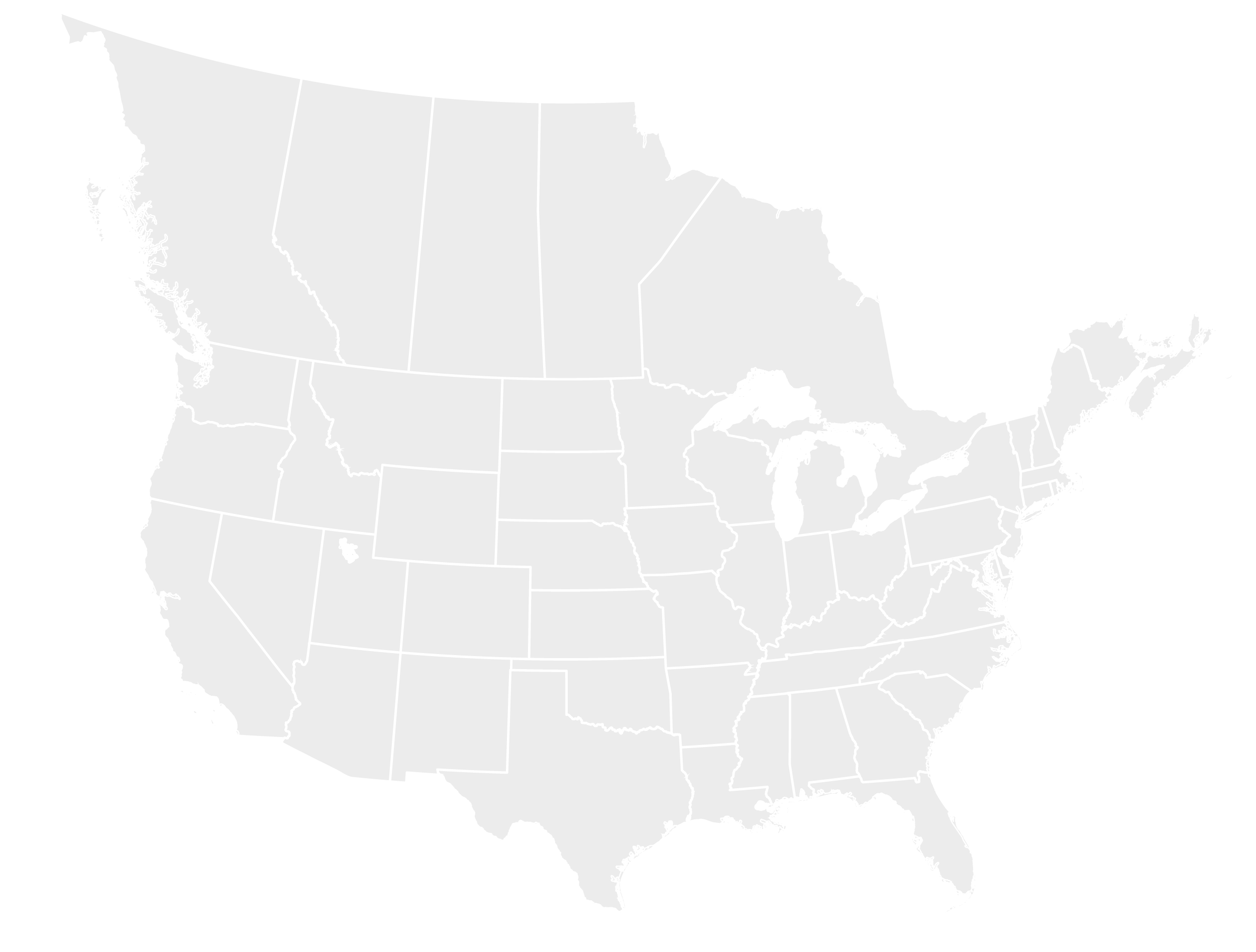 A grayscale map of the United States of America, including the borders with Canada and the United States. The map shows the outlines of all 50 U.S. states but lacks any state names, cities, or geographic features, much like a minimalist piece from Blessing Hancock sculpture artist.